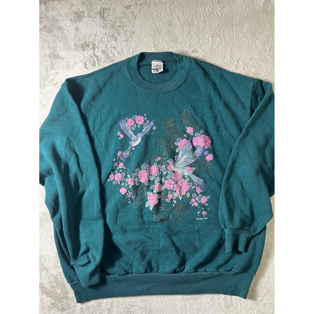 Vintage Gopher Sport Hummingbird Floral Sweatshirt Teal Green 90s Made in USA XL